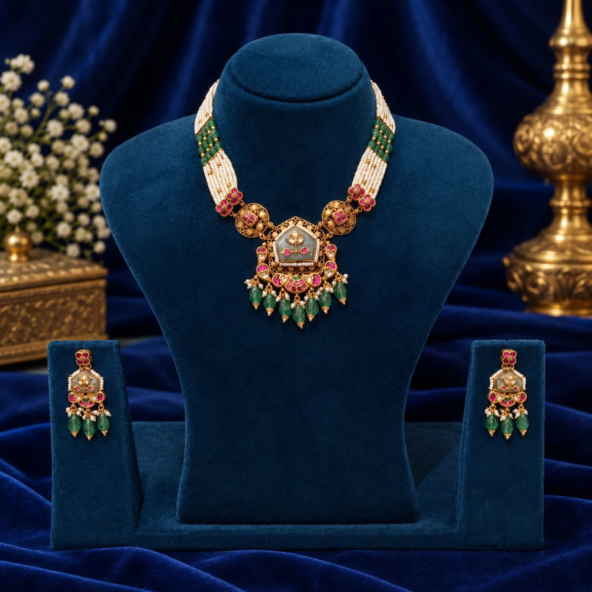 Antique Gold Pearl & Emerald Necklace Set