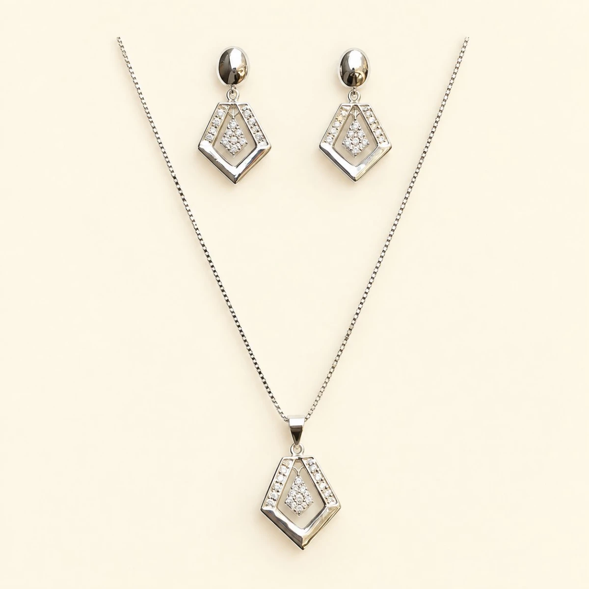 Silver Geometric Pavé Diamond Pendant & Earrings Set