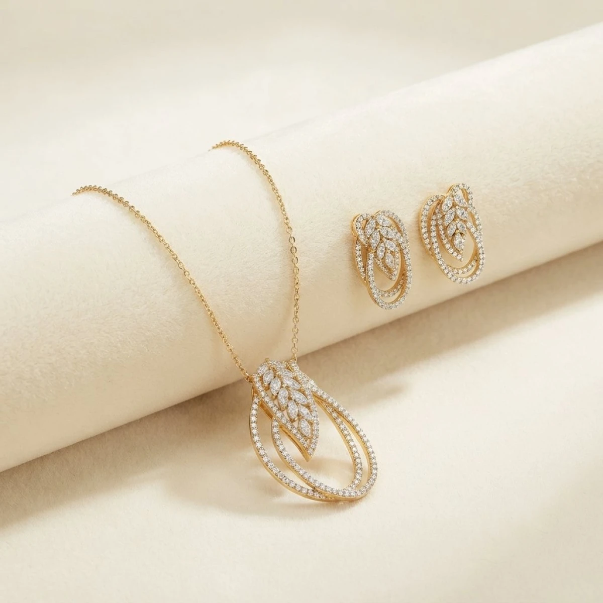 Exquisite Leaf-Pattern Diamond Pendant and Earring Set