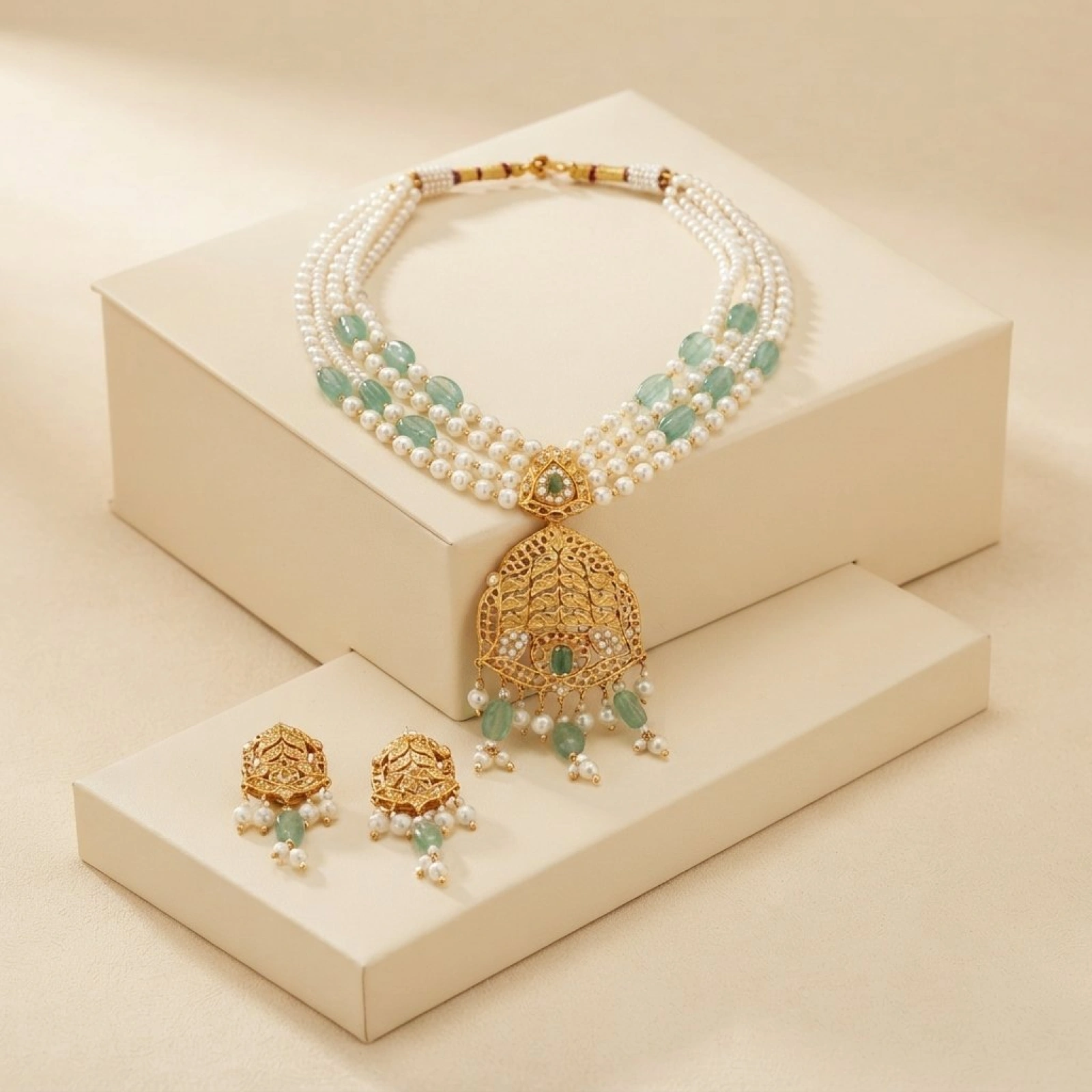Traditional Gold Pearl and Mint Green Beaded Necklace Set