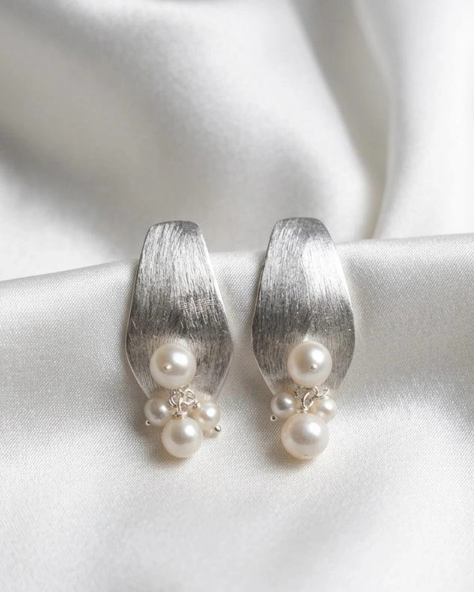 Brushed Silver Pearl Cluster Earrings