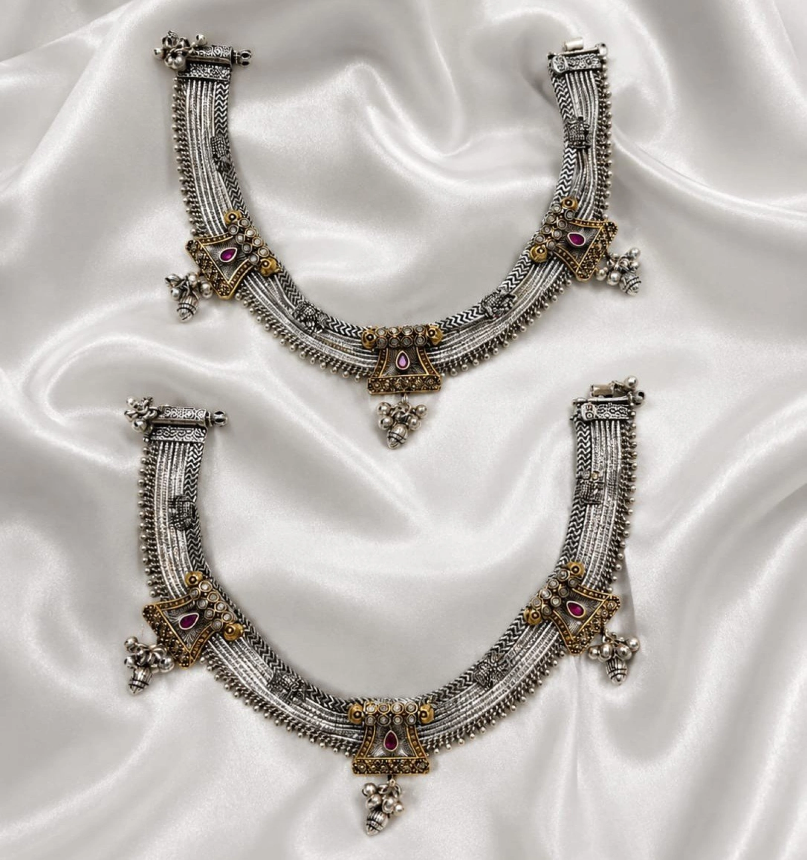 Tribal Dual-Tone Silver Mesh Payal Set