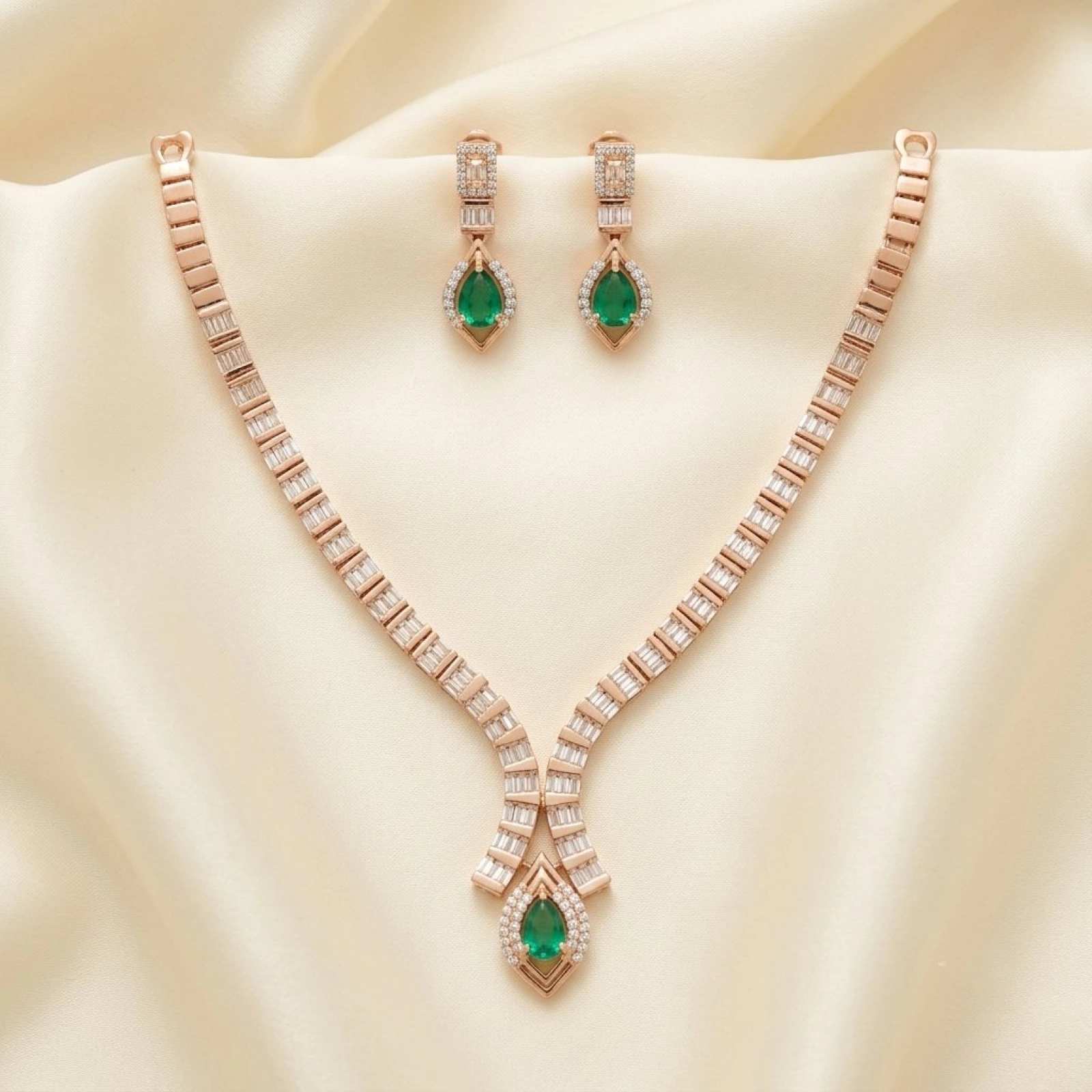 Rose Gold Emerald & Baguette Diamond Necklace & Earring Set