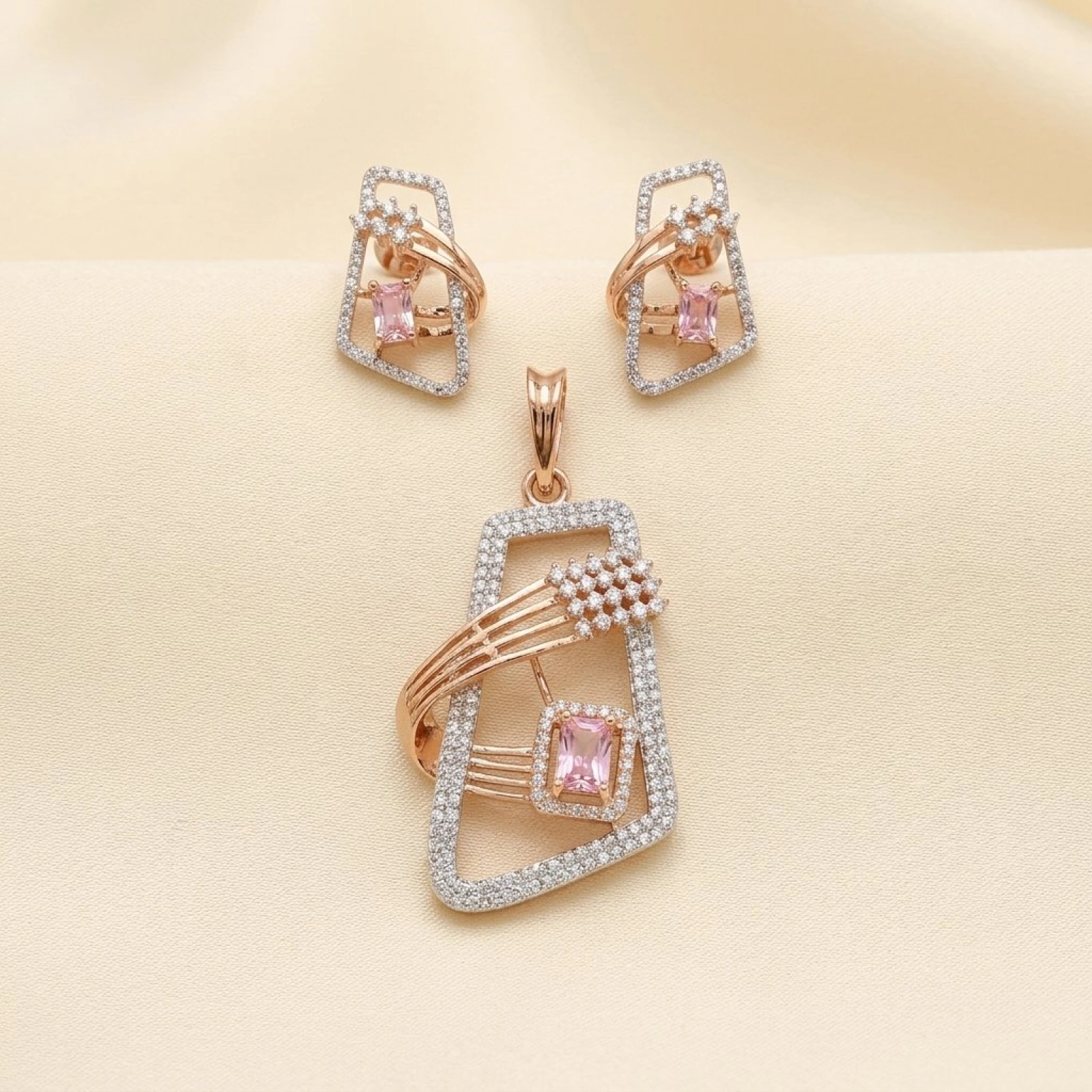 Rose Gold Pink Sapphire & Diamond Geometric Pendant & Earring Set