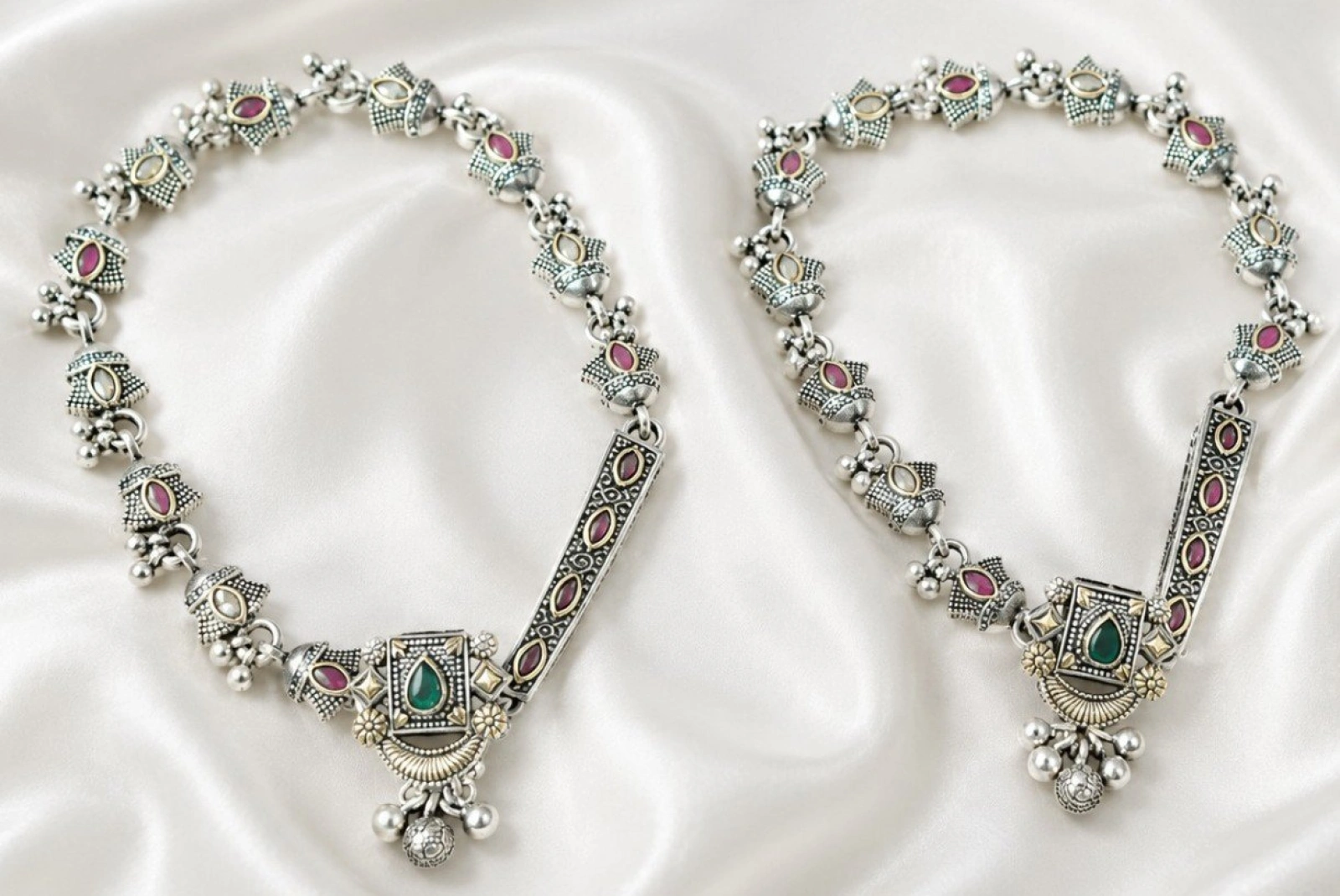 Antique Oxidised Silver Gemstone Payal Set