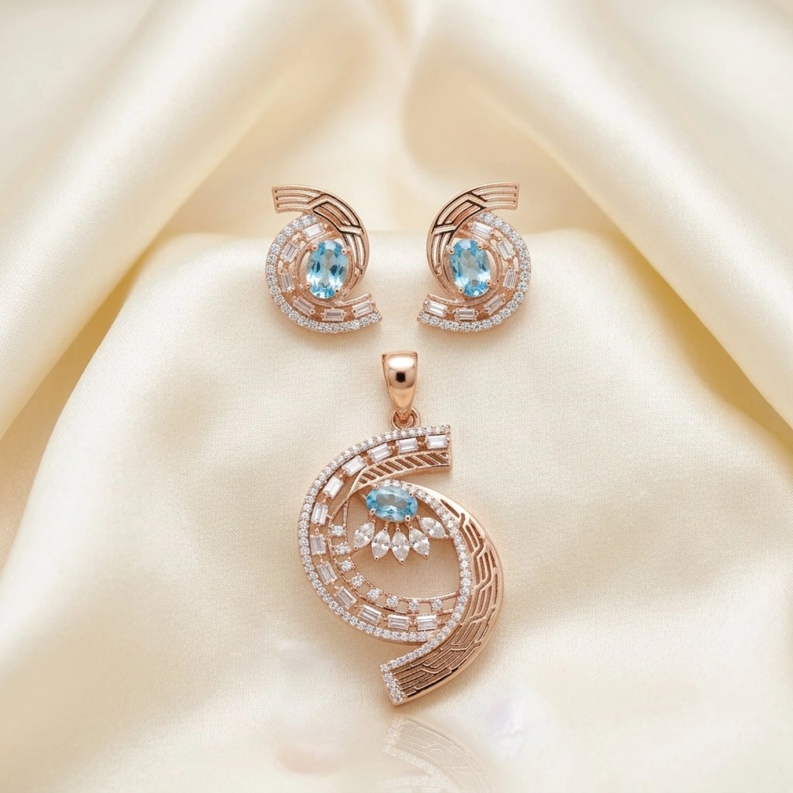Rose Gold Blue Stone Pendant & Earring Set