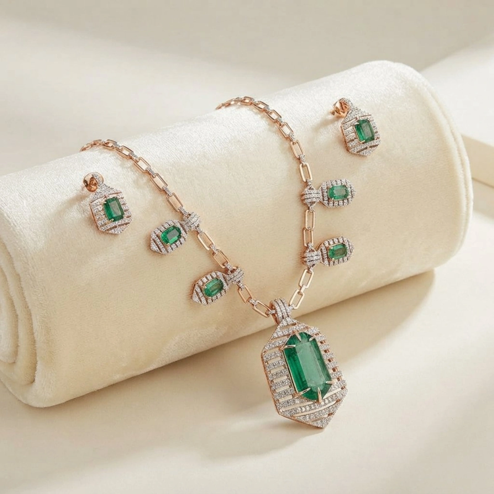Exquisite Emerald and Diamond Necklace and Earring Set