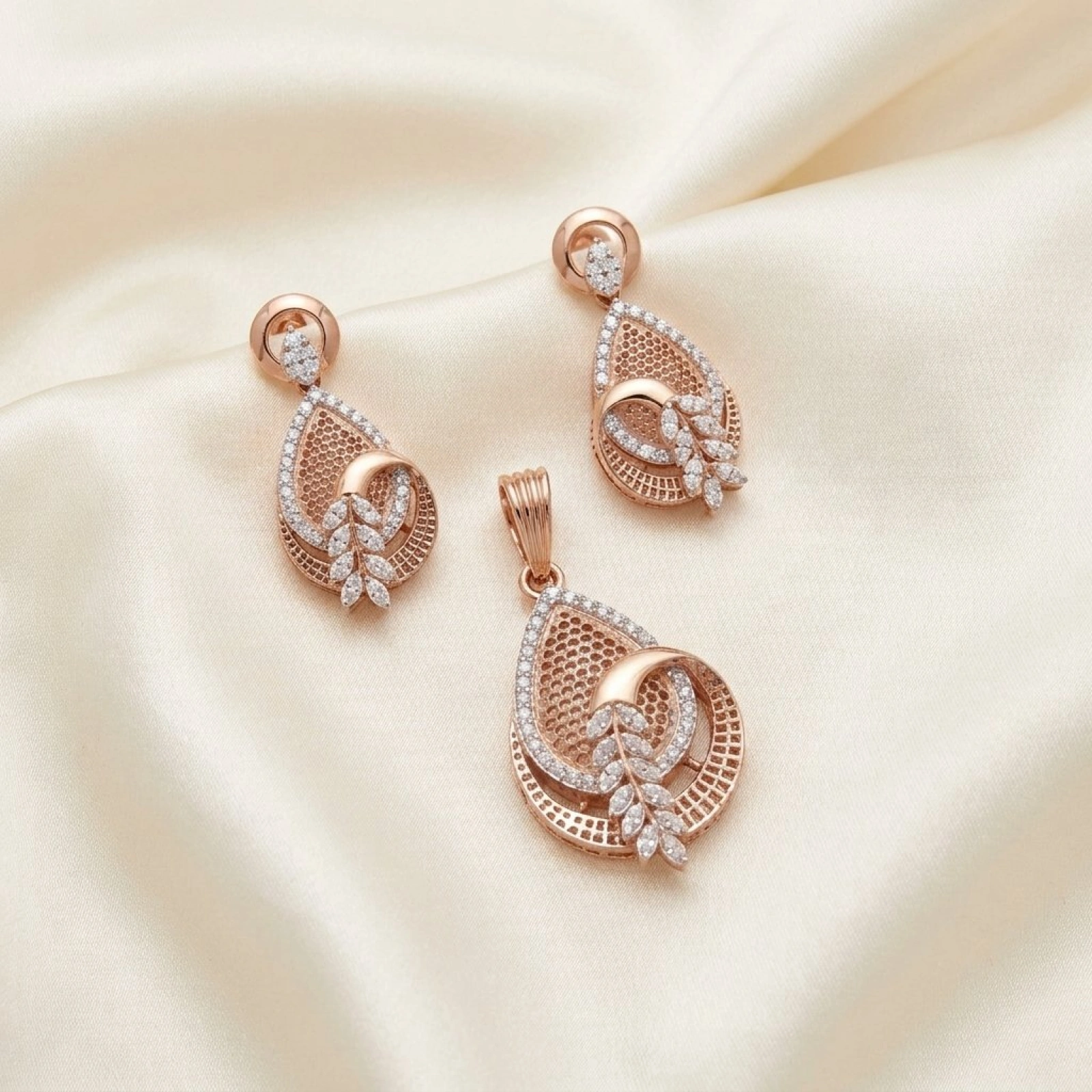 Elegant Rose Gold CZ Pendant Set with Leaf Motif