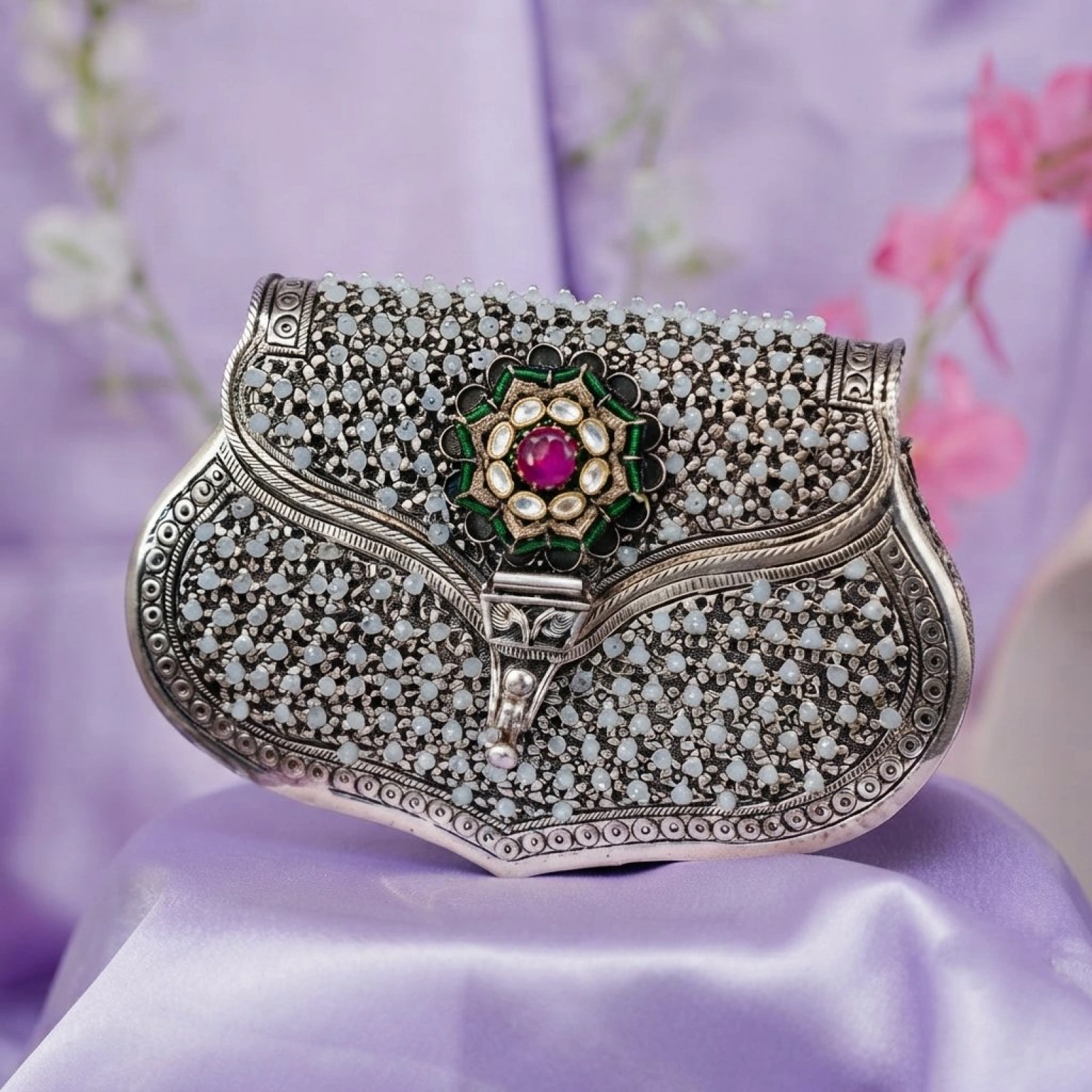 Artisan Silver Beaded Ethnic Clutch