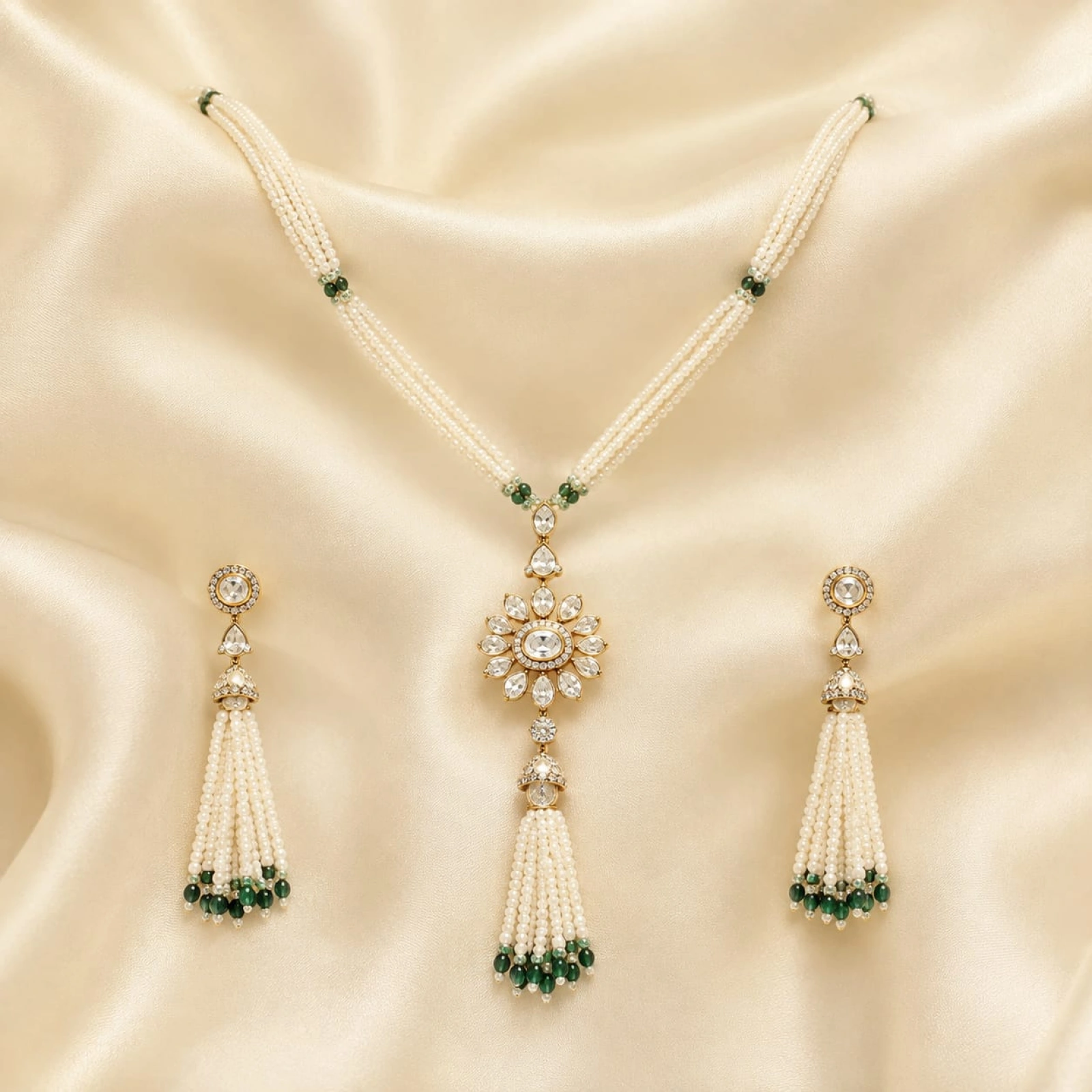 Gold Pearl & Green Stone Women’s Half Set