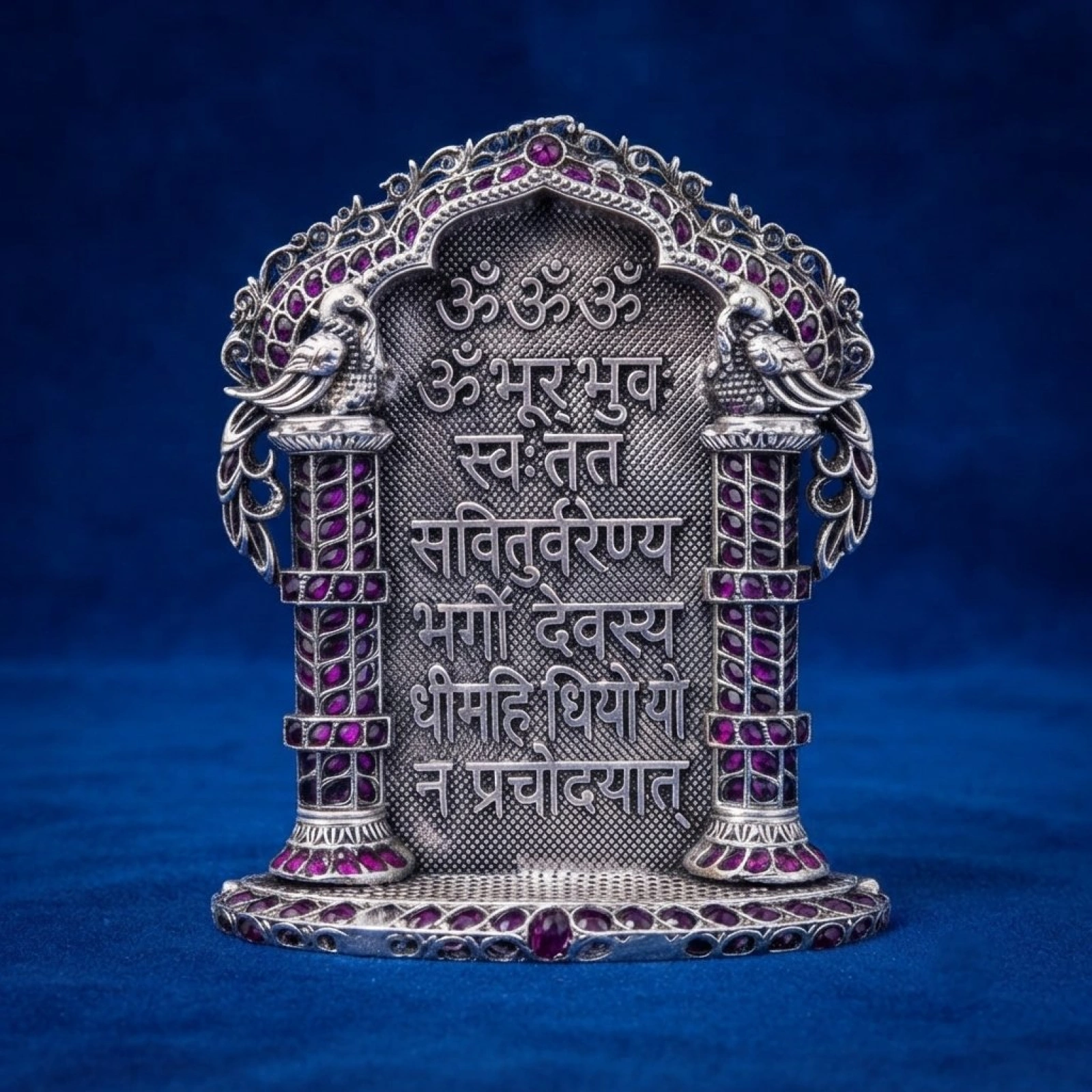 925 Silver Gayatri Mantra Arch Idol with Ruby Stones
