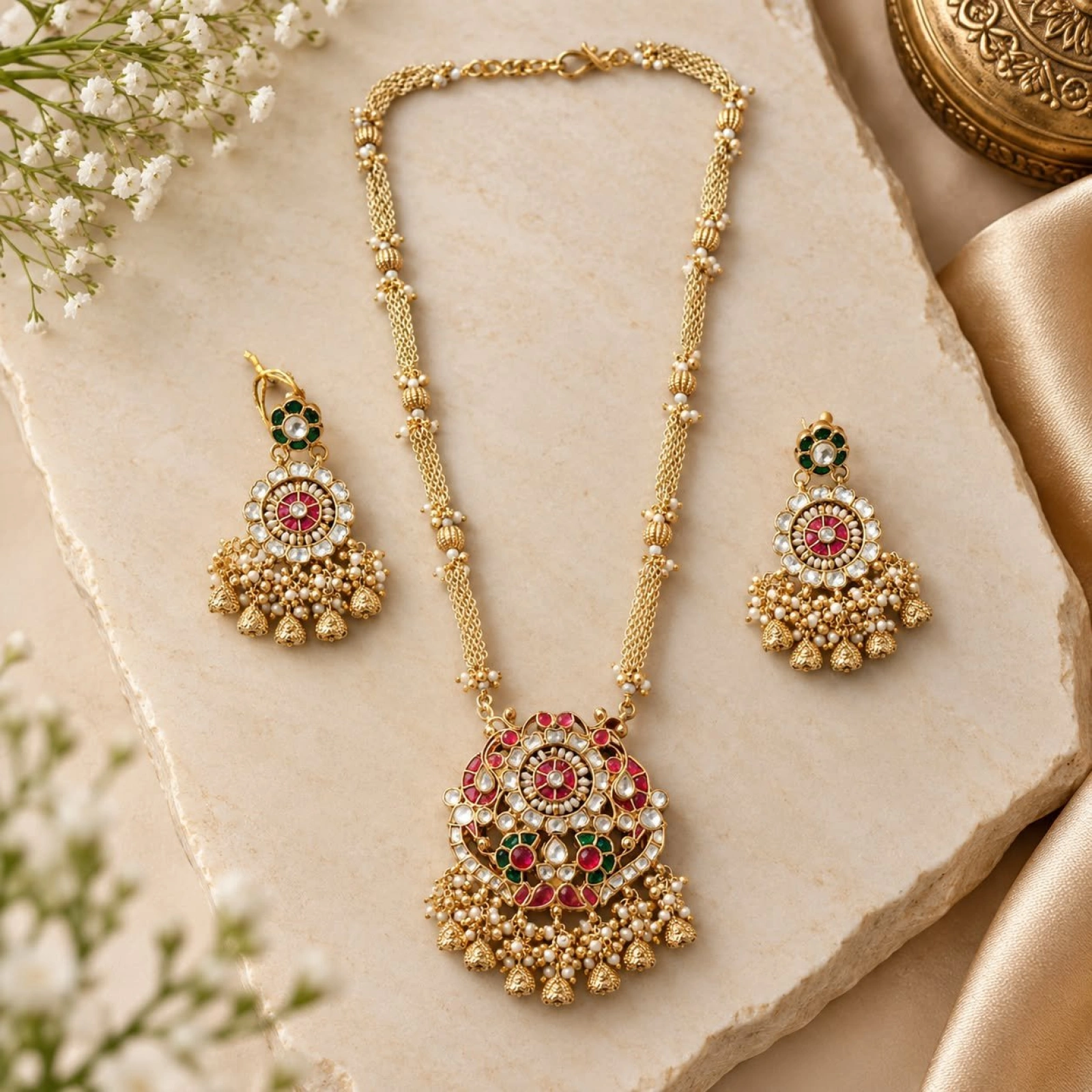 Royal Kundan & Ruby Pendant Necklace Set with Matching Drop Earrings