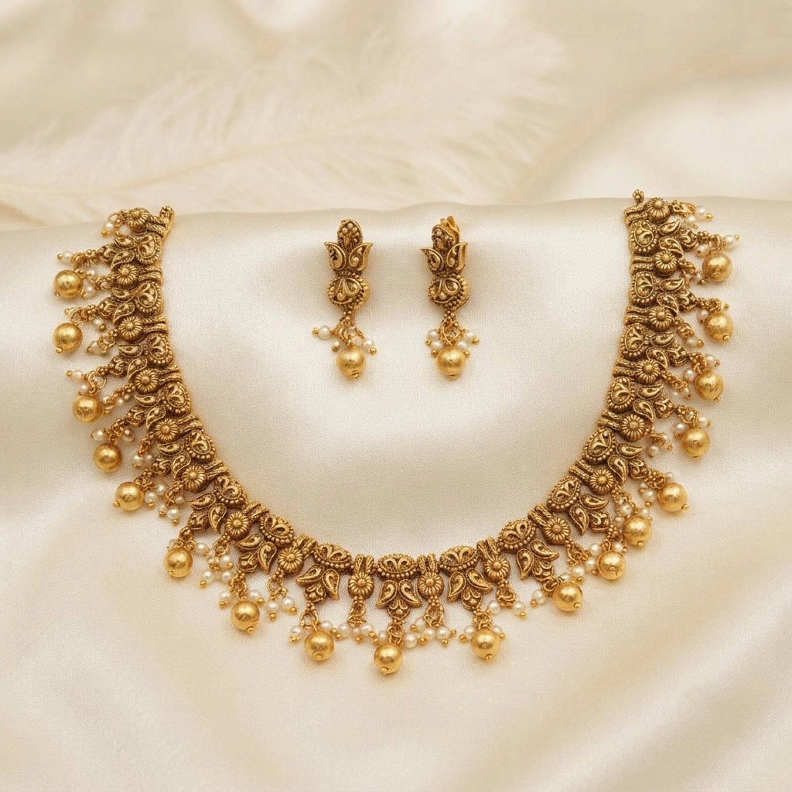 Traditional Gold Floral Filigree Choker Necklace Set with Drop Beads