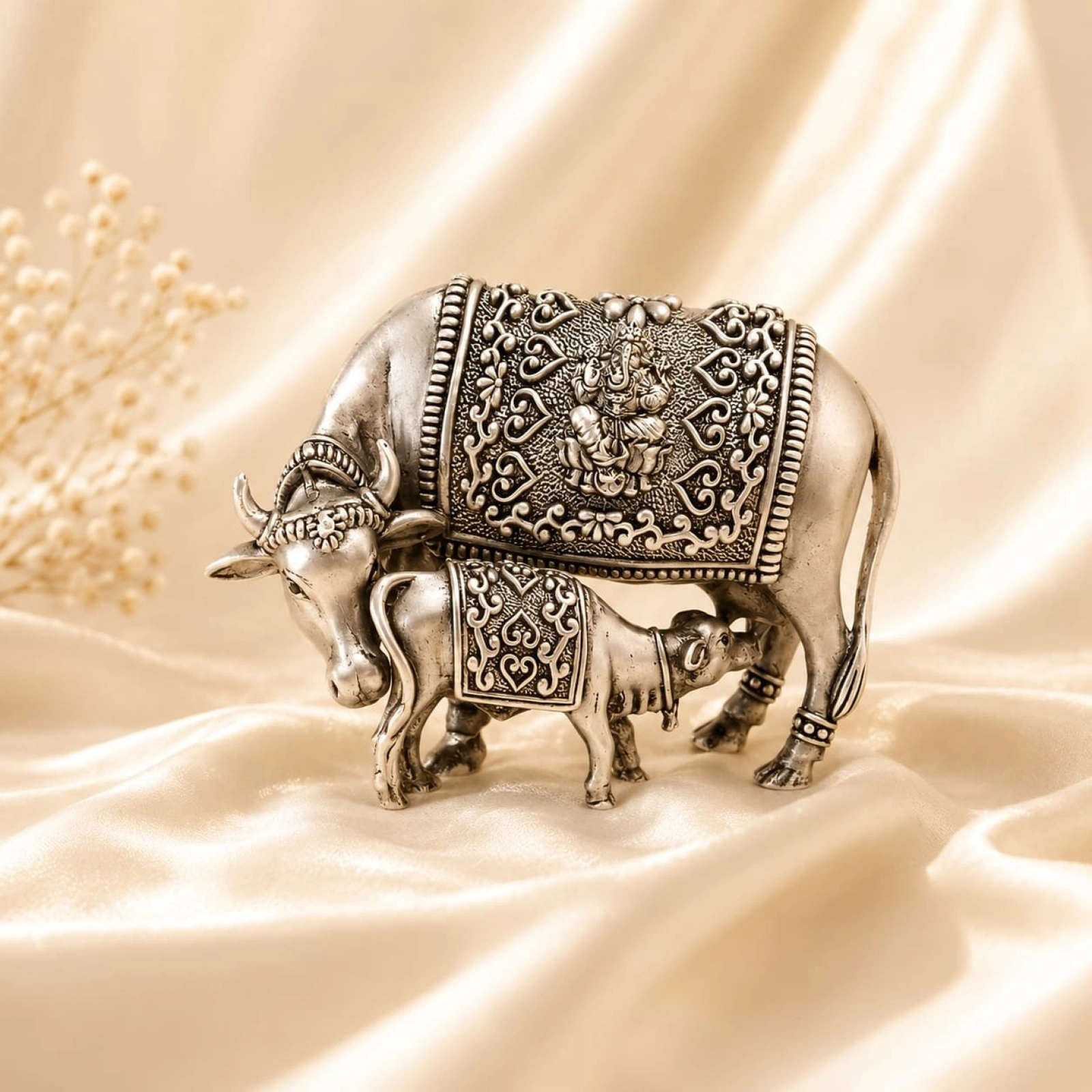 Silver Kamdhenu Cow and Calf Idol