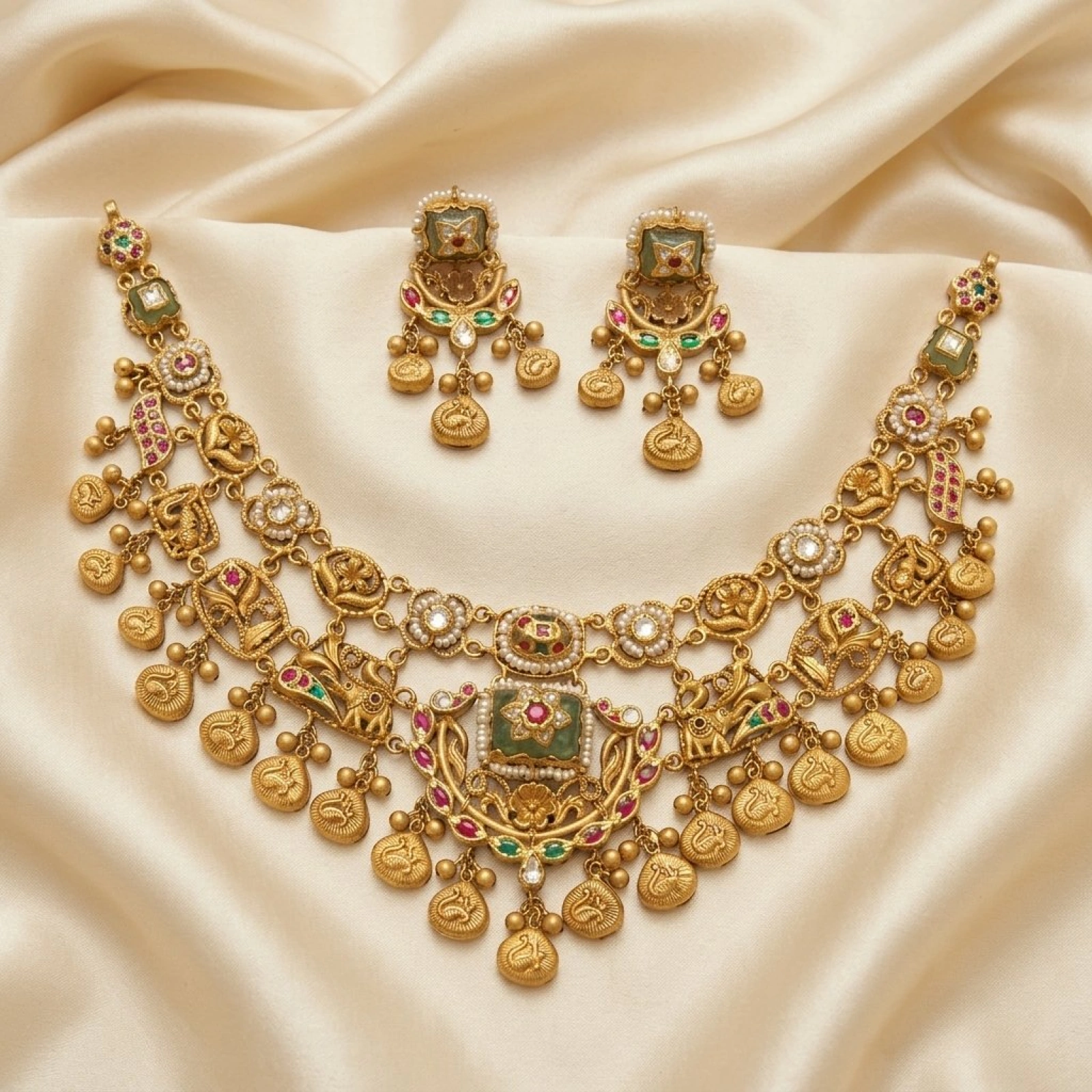 Majestic Antique Gold Temple Choker Set with Emerald & Ruby Detailing