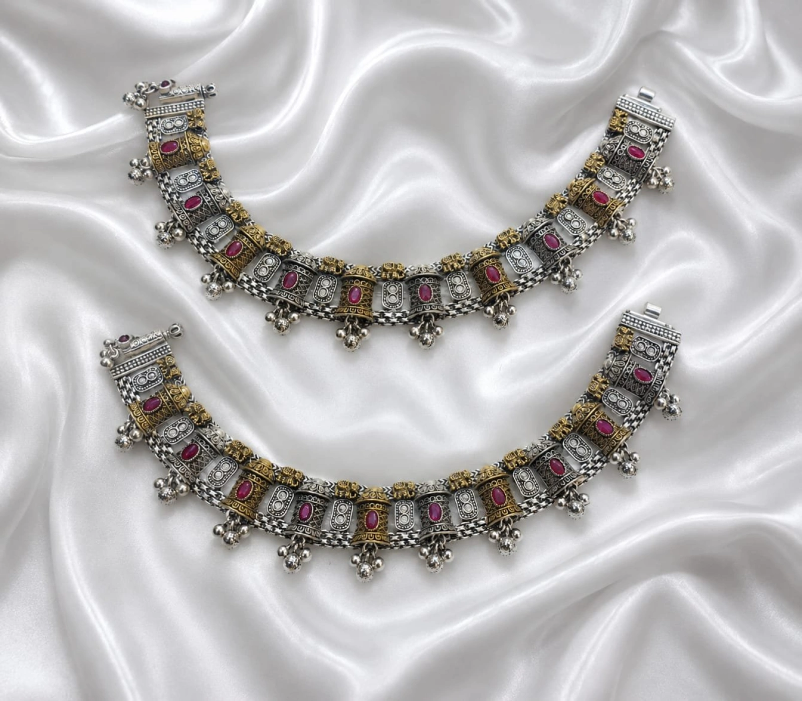 Antique Dual-Tone Silver Drum Motifs Payal Set