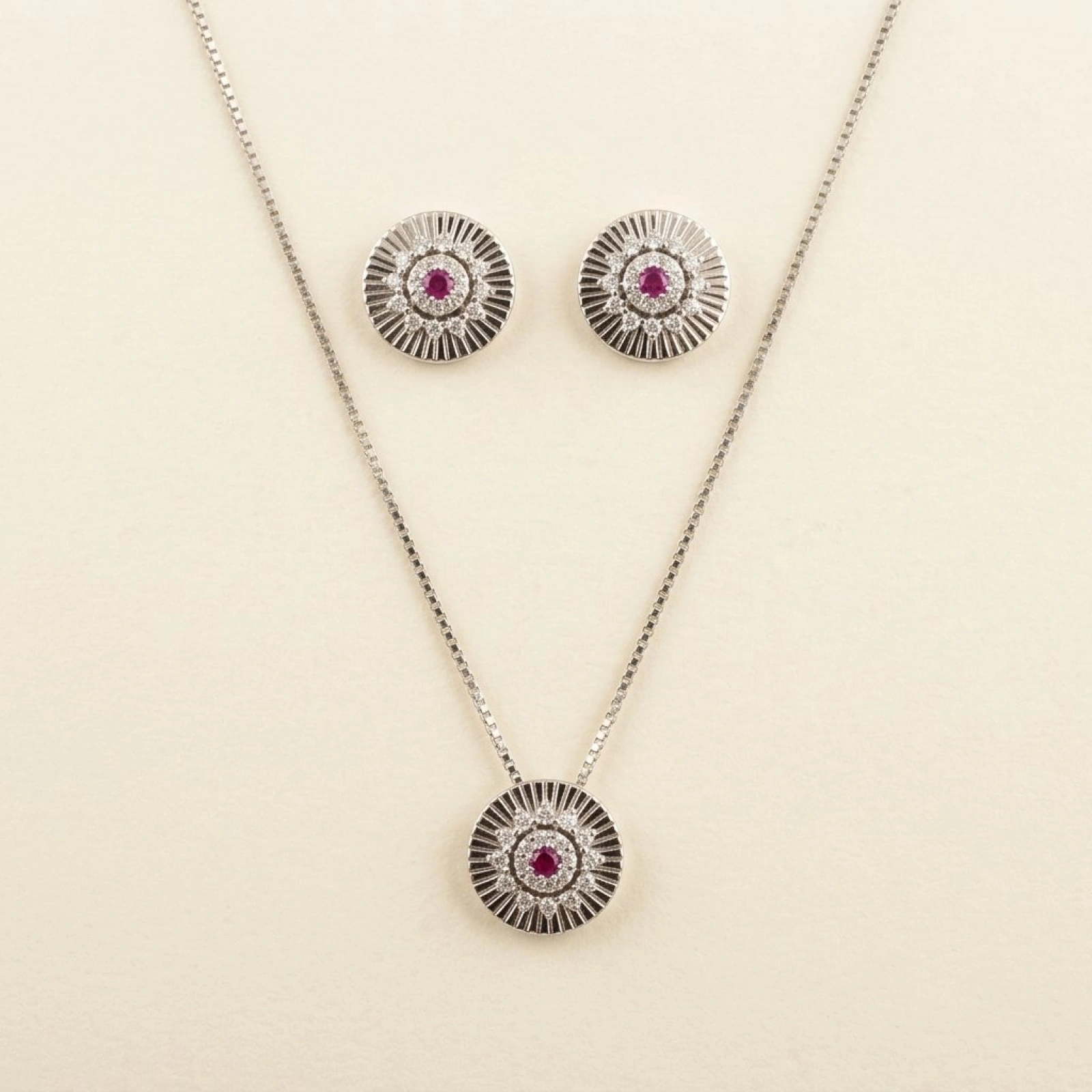 Silver Ruby & CZ Sunburst Jewelry Set
