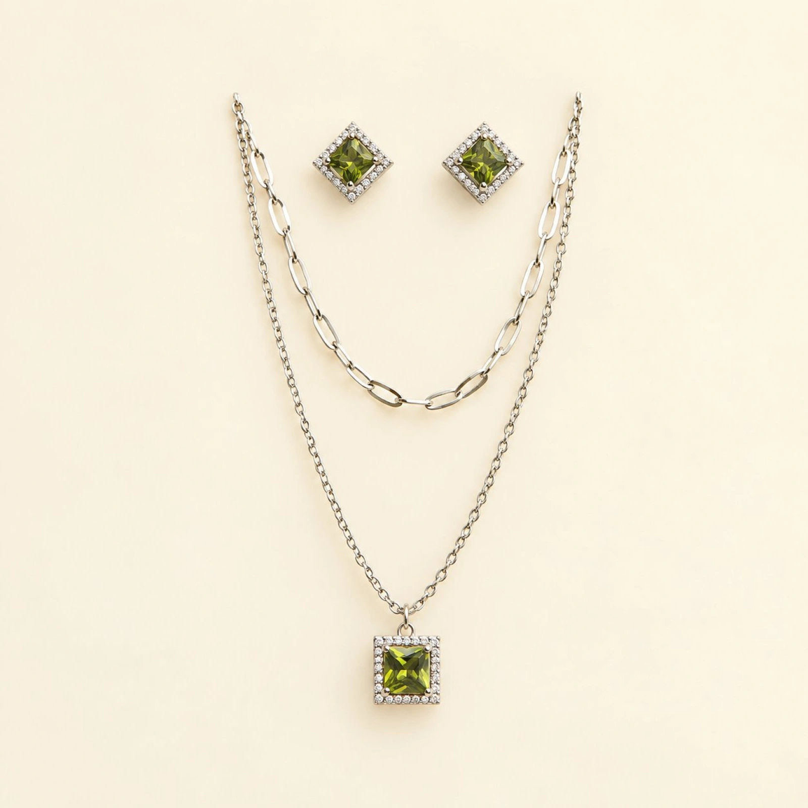 Silver Olive Green Crystal Square Pendant & Earrings Set