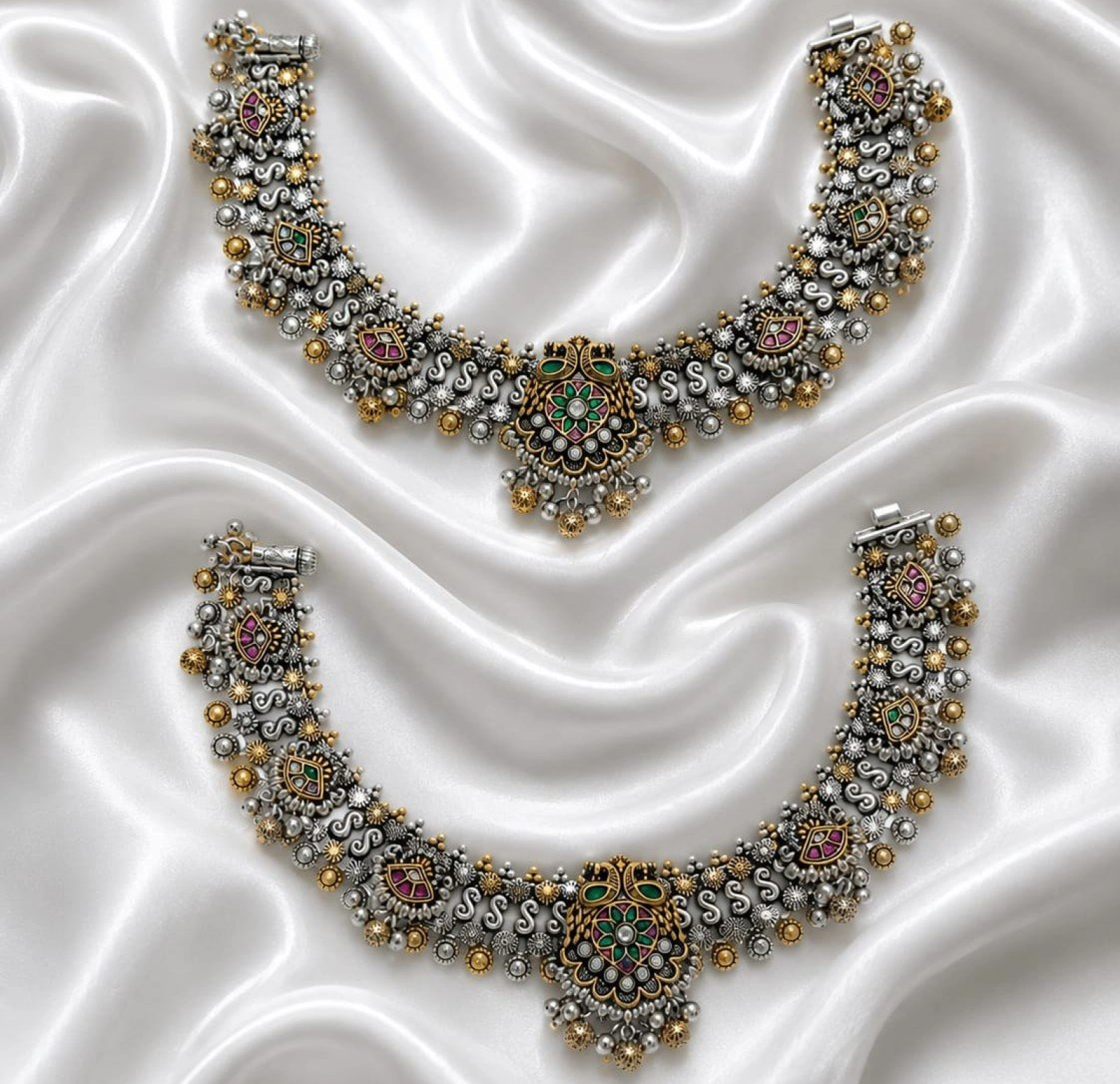 Antique Peacock Oxidised Silver Payal Set