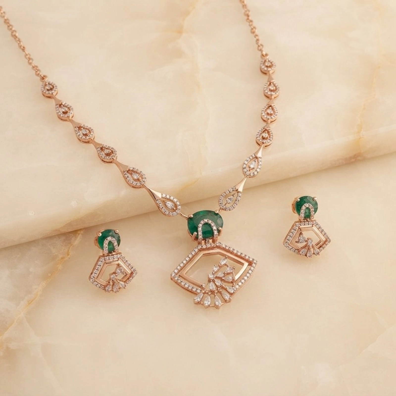 Rose Gold Emerald Diamond Pendant & Earring Set