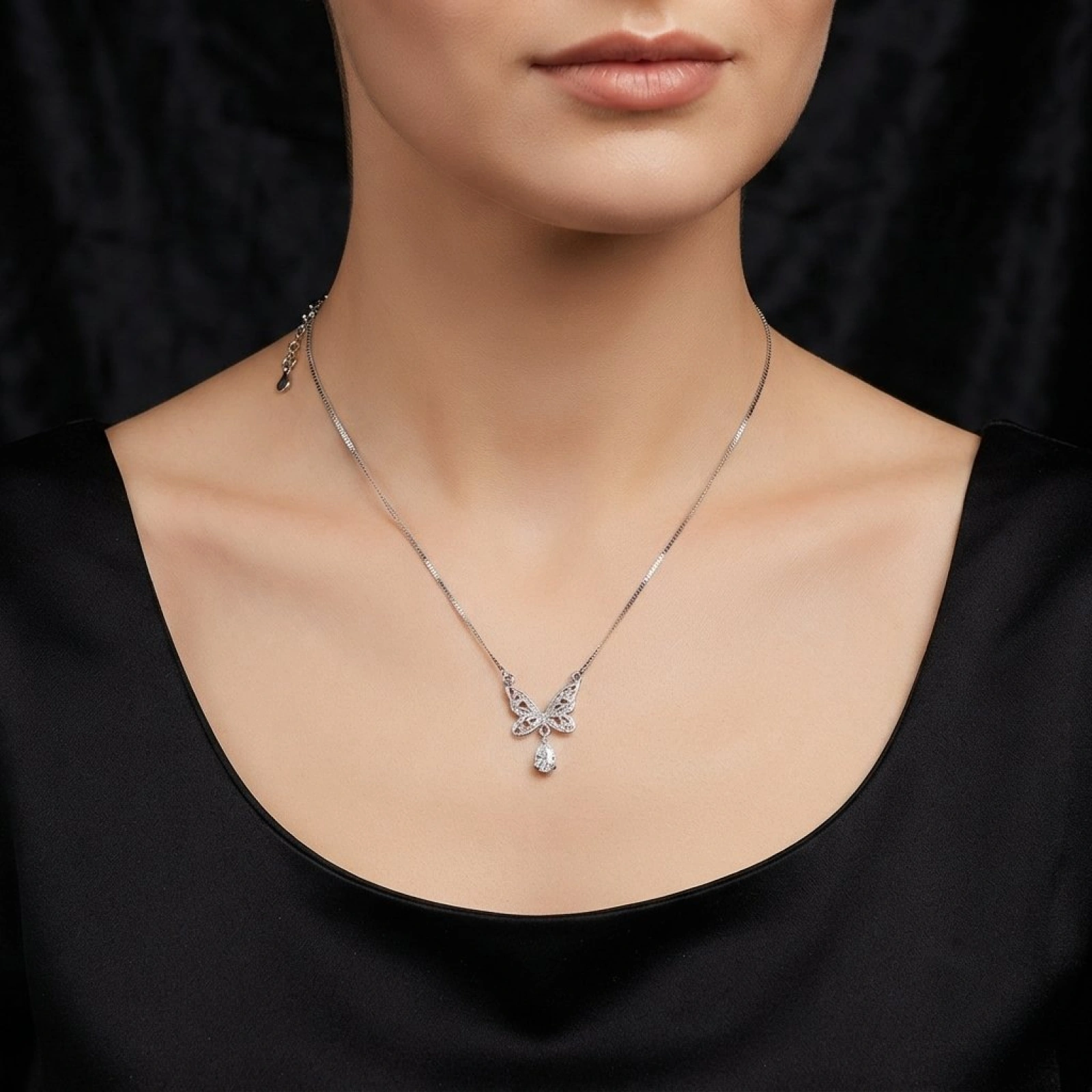 Delicate Butterfly Teardrop Silver Necklace