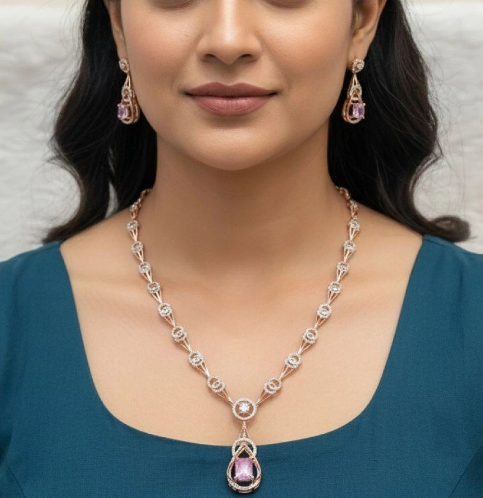 Rose Gold Diamond & Pink Gemstone Teardrop Half Set