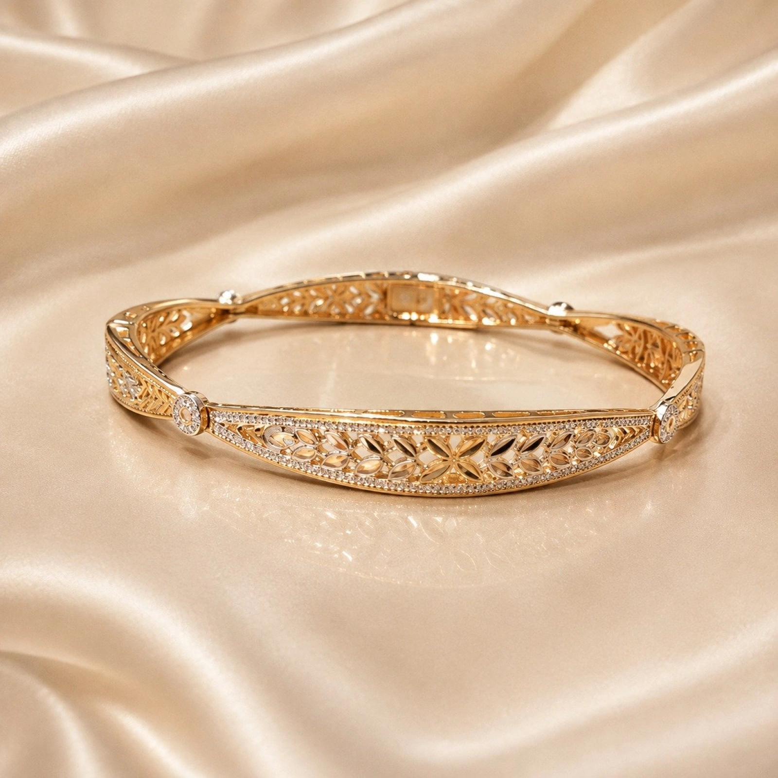Elegant Floral Diamond-Accent Gold Bangle