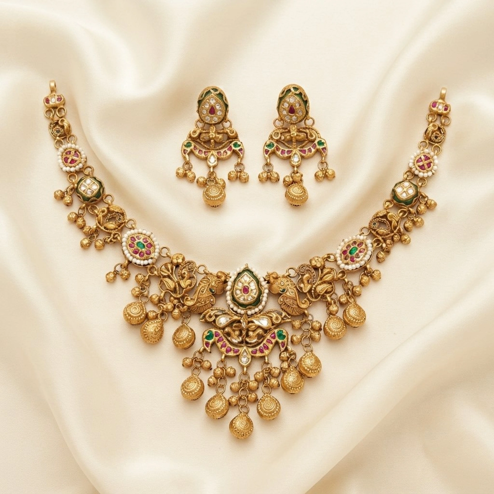 Antique Gold Peacock Choker Set with Meenakari & Gemstone Drops