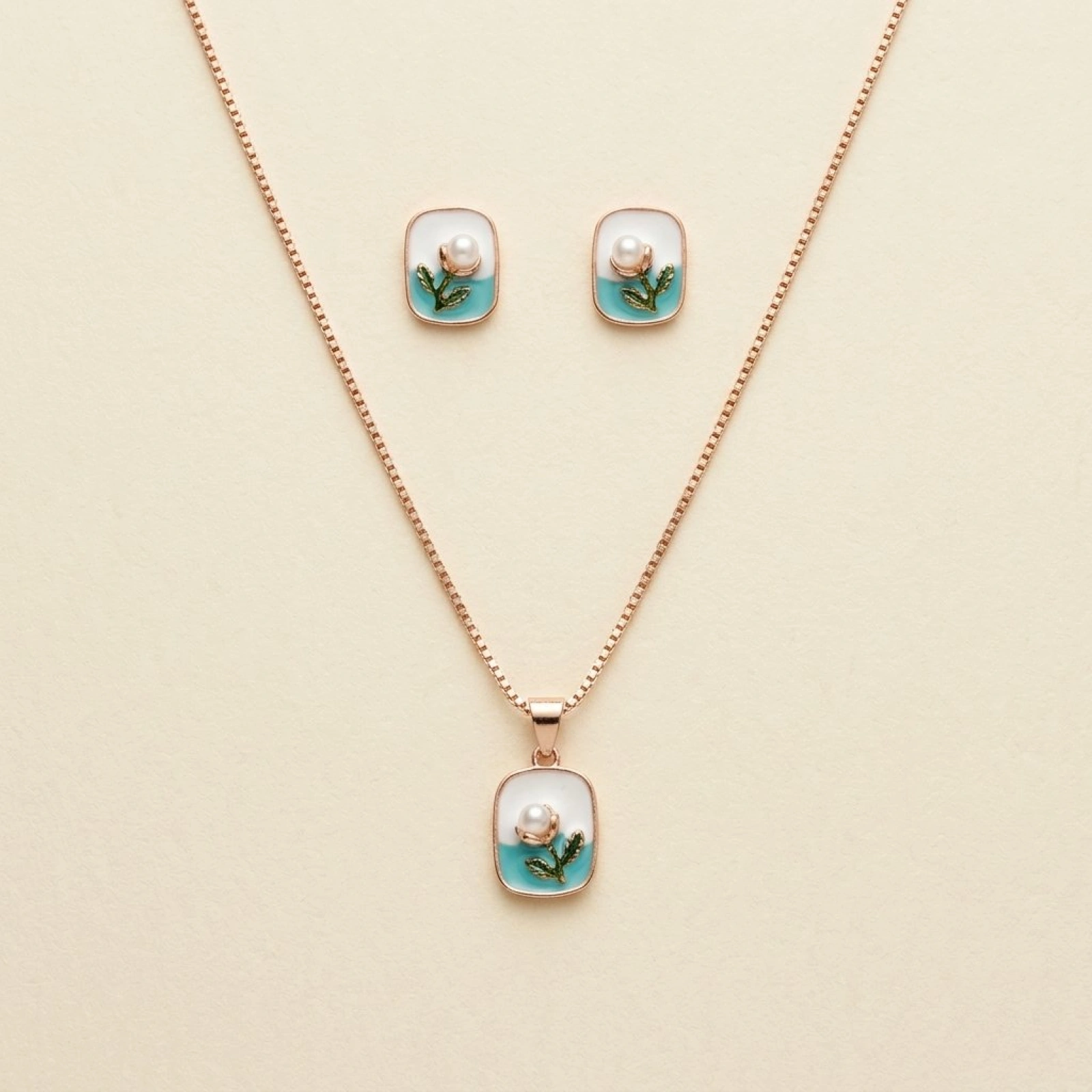 Silver Enamel Floral Pearl Pendant & Earrings Set