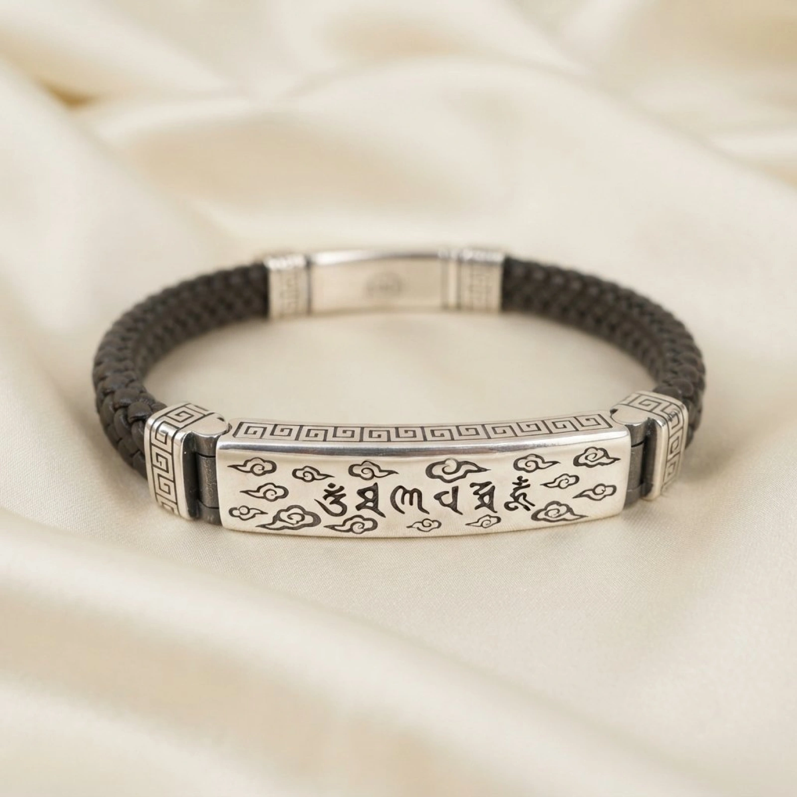 Men's Mantra Engraved Silver Plate & Braided Leather Hybrid Kada Bracelet