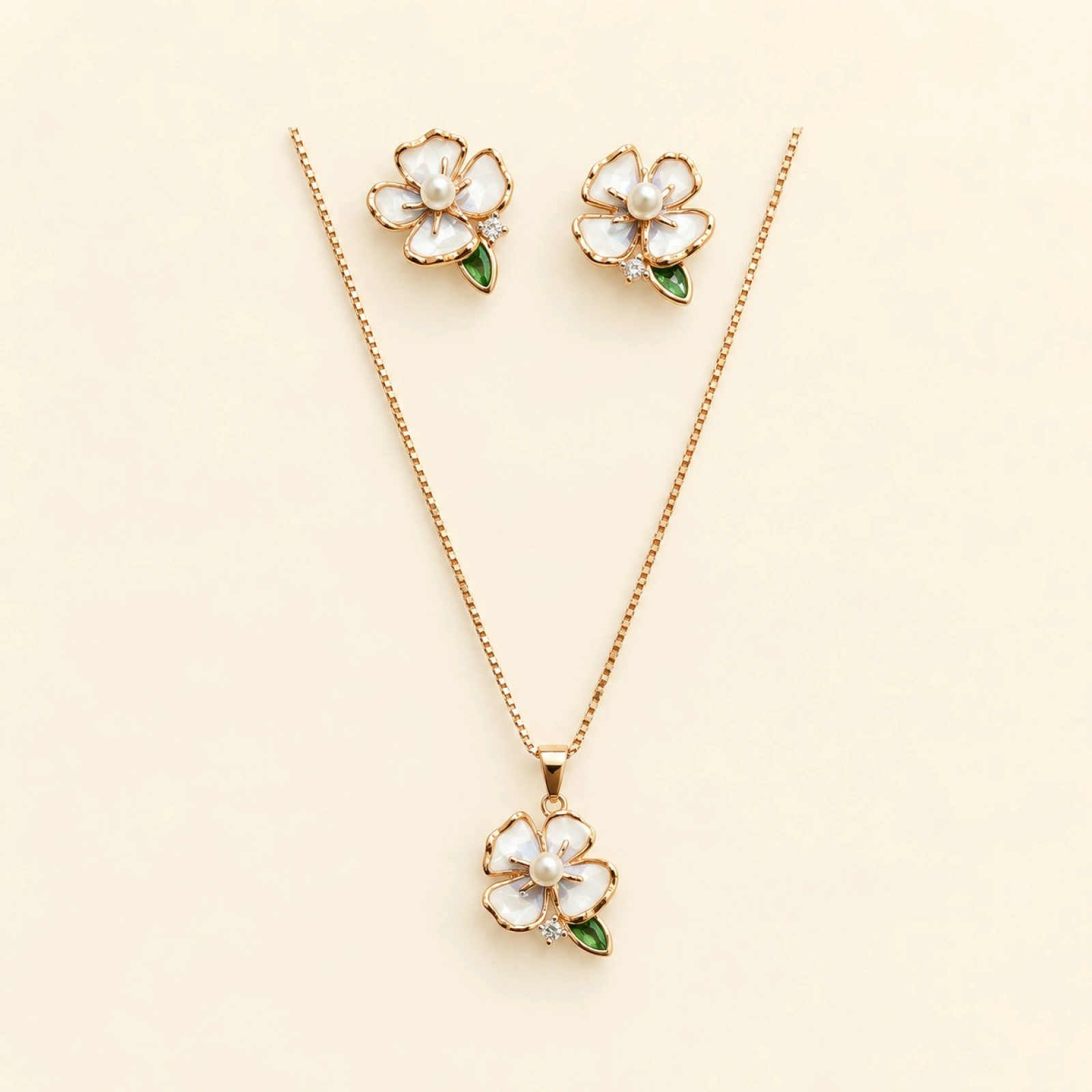 Silver Enamel White Blossom & Pearl Jewelry Set