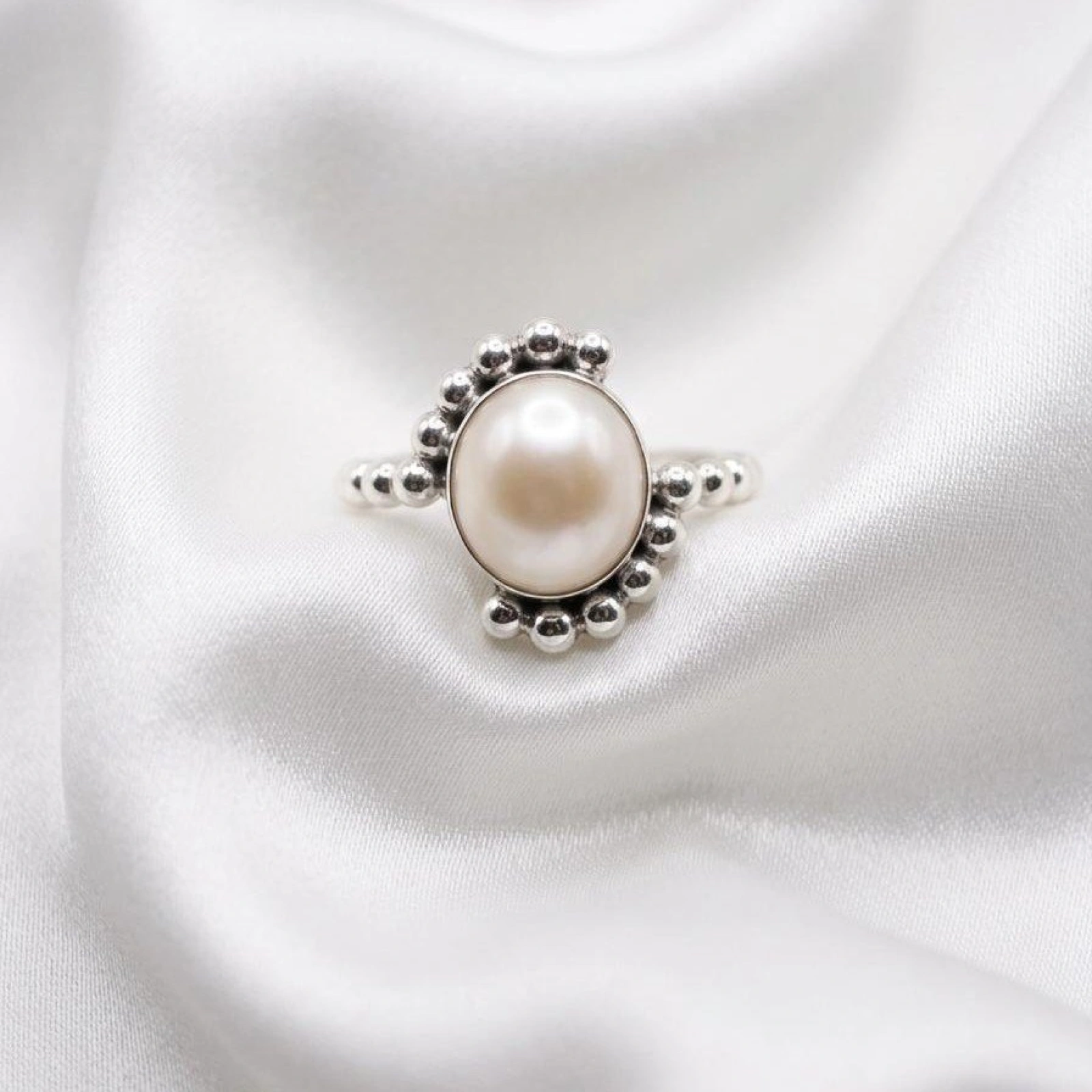 Beaded Pearl Silver Ring