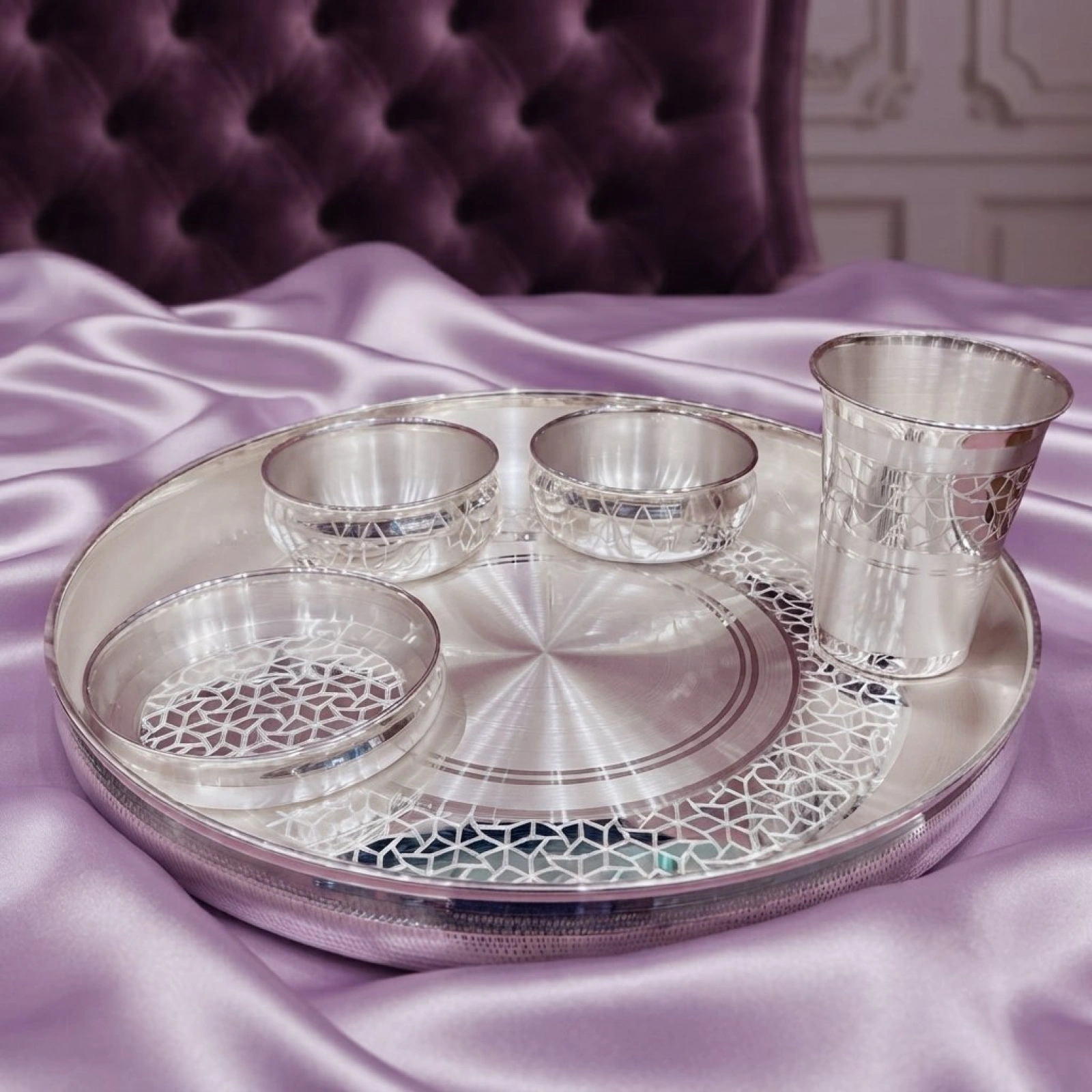 Geometric Cutwork 925 Silver Thali Set