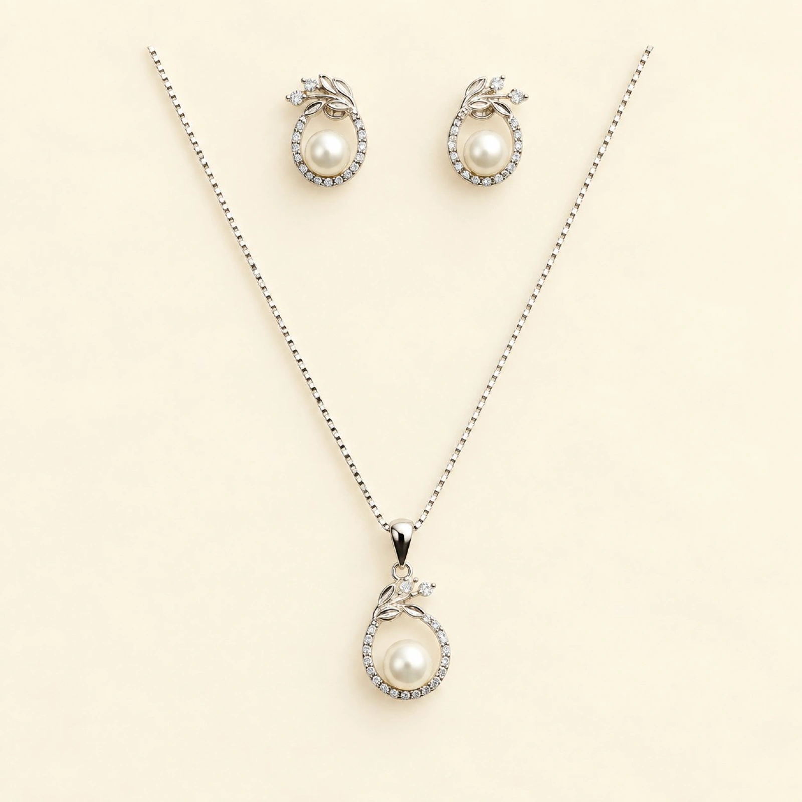 Silver Pearl & Pave Leaf Pendant & Earrings Set