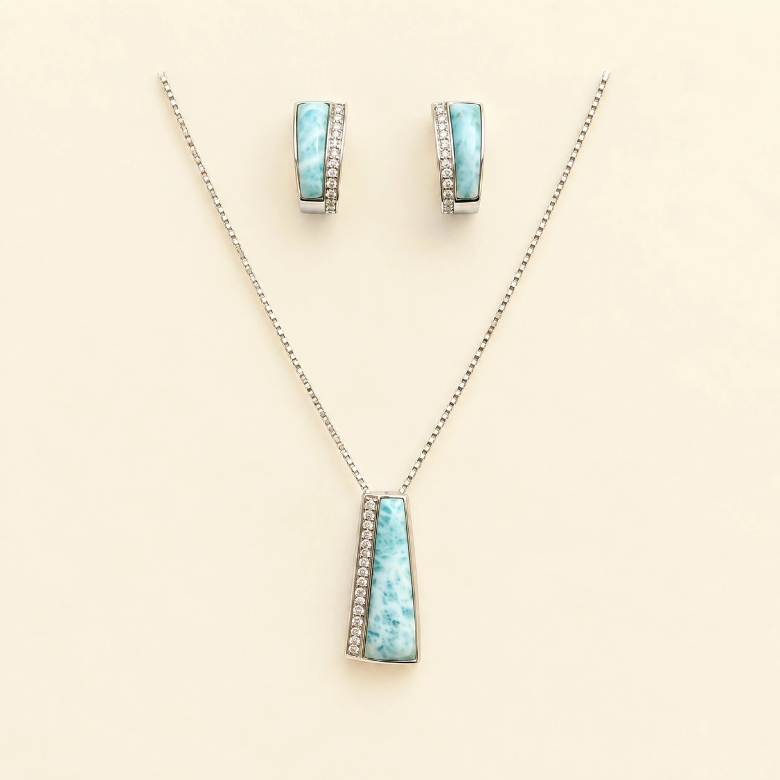 Silver Larimar Trapezoid Pendant & Hoop Earrings Set
