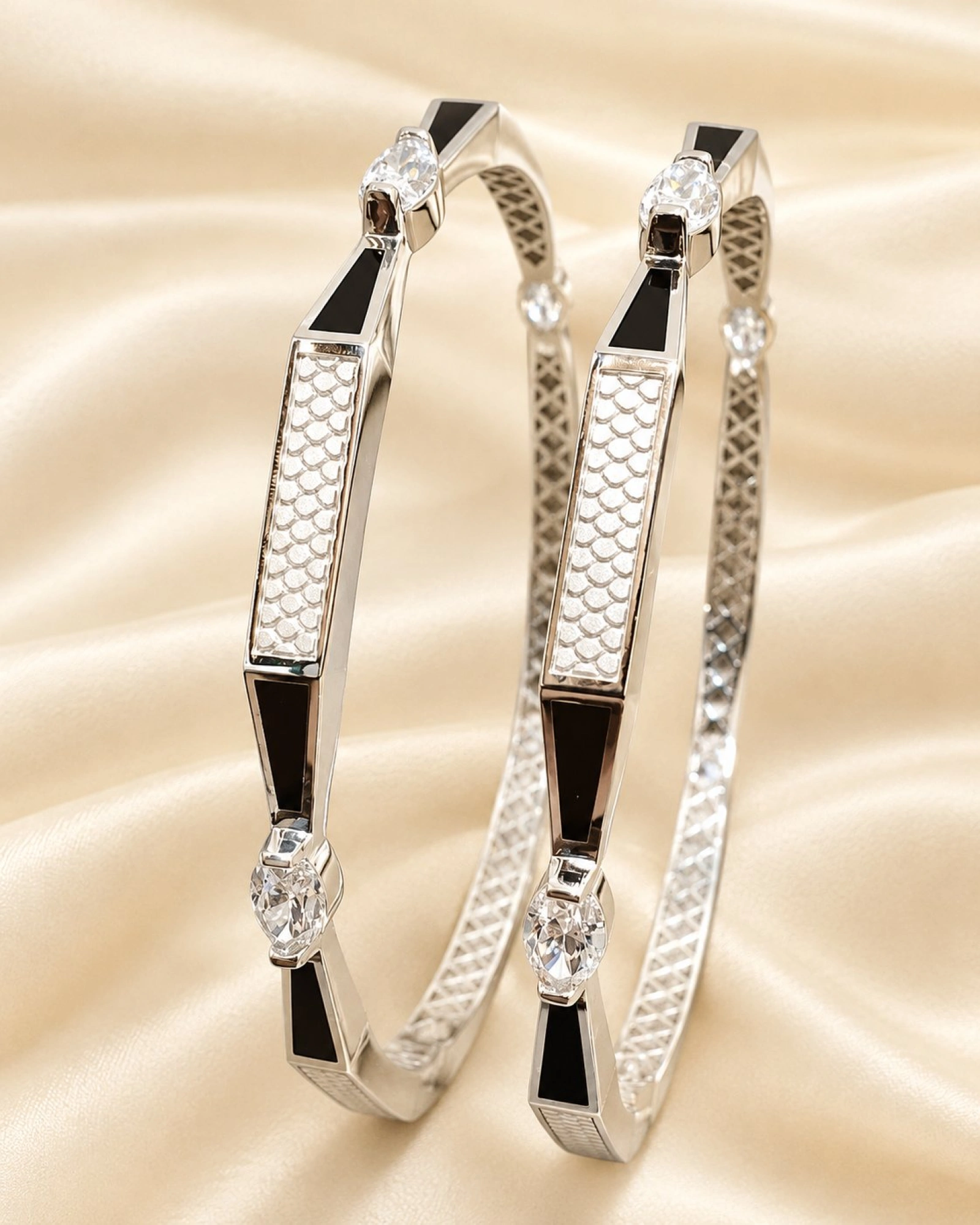 Geometric Scale-Textured Silver Bangle with Black Enamel & CZ Accents