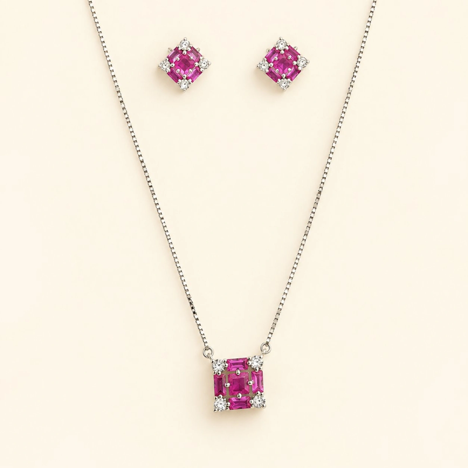 Silver Magenta Crystal Cluster Jewelry Set