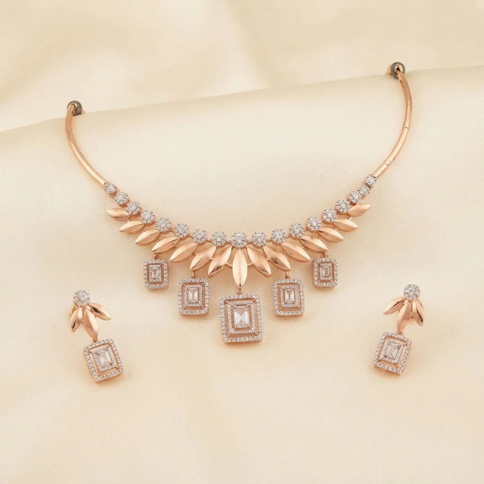 Gold Leaf and Emerald-Cut Crystal Necklace Set