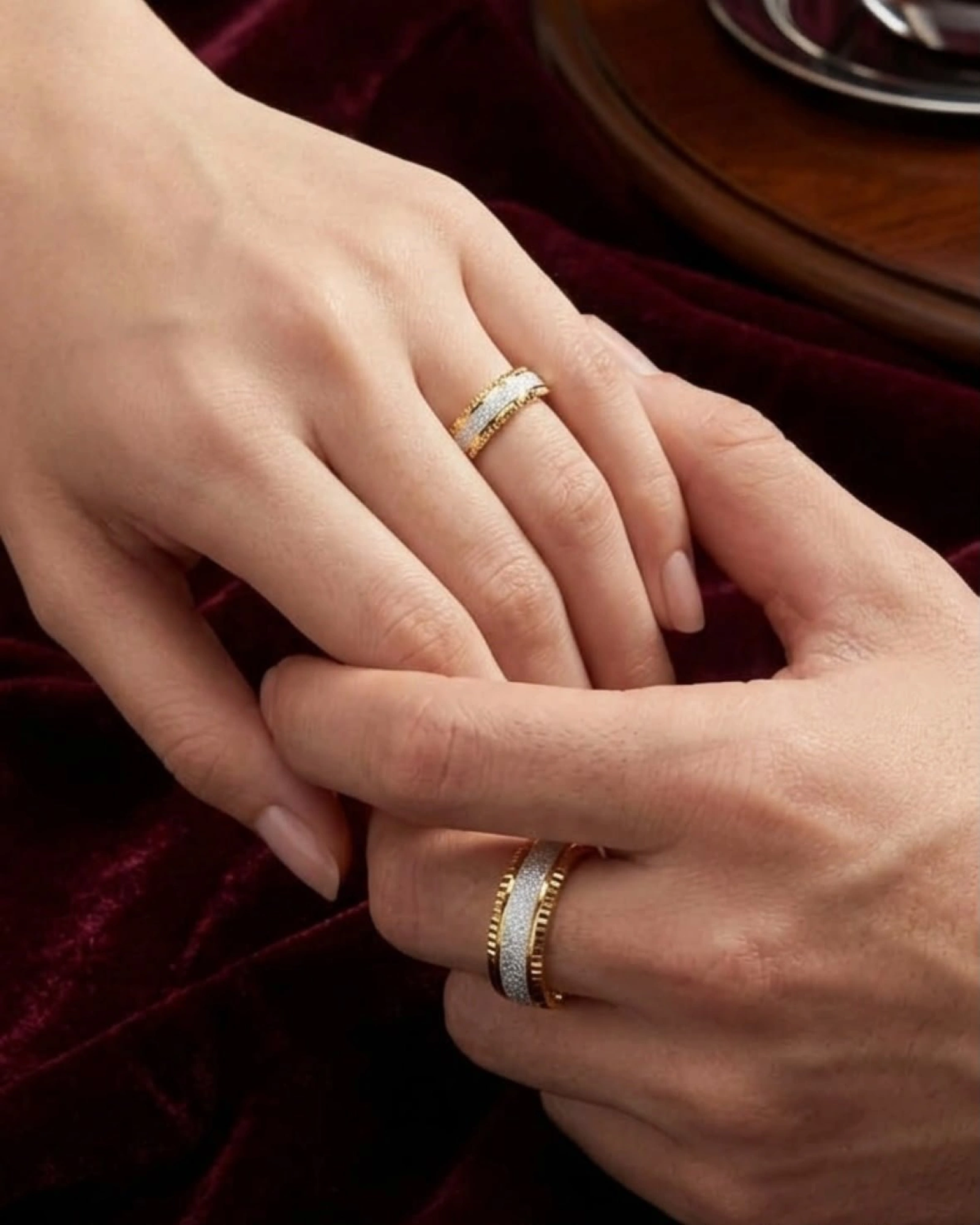 Two-Tone Diamond-Dust Gold Unisex Couple Rings Set