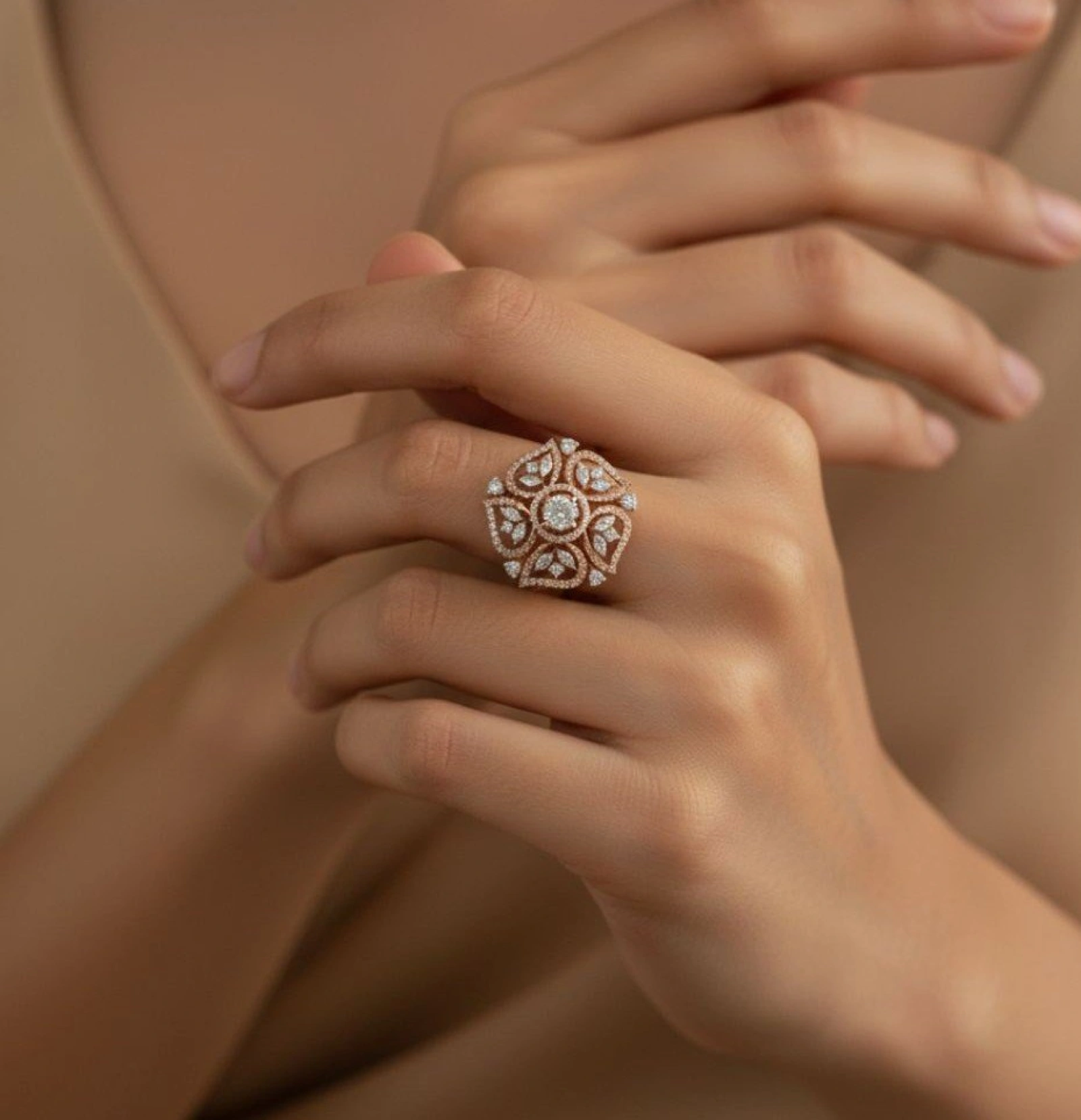 Rose Gold Diamond Floral Statement Ring