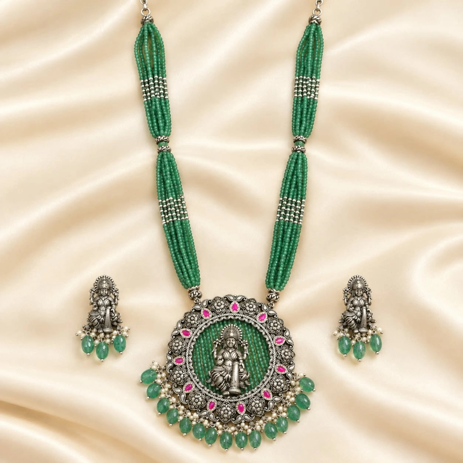 Divine Laxmi Antique Silver Emerald Bead Necklace Set
