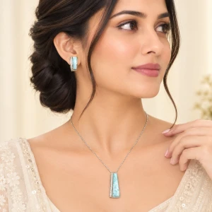 Silver Larimar Trapezoid Pendant & Hoop Earrings Set Gallery View