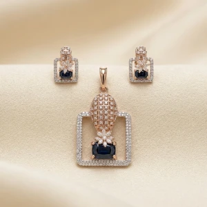 Rose Gold Blue Sapphire & Diamond Geometric Pendant & Earring Set Main View