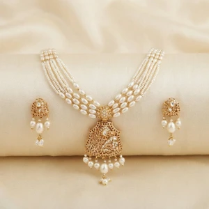 Traditional Multi-Strand Pearl Gold Necklace Set Main View