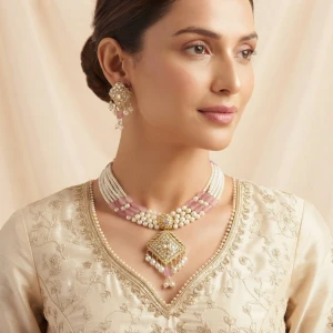 Traditional Gold Pearl and Pink Bead Necklace Set Gallery View