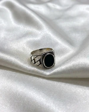 Bold Black Stone Silver Men's Ring Gallery View