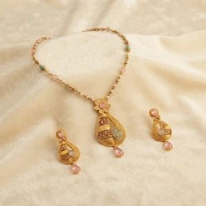 Elegant Gold-Tone Pastel Stone Pendant and Earring Set Gallery View