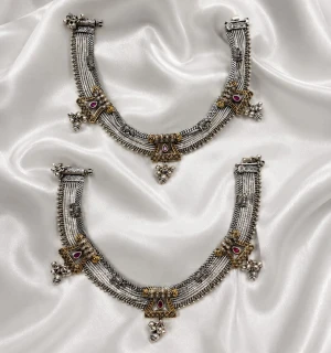 Tribal Dual-Tone Silver Mesh Payal Set Main View