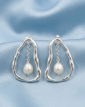 Sterling Silver Organic Frame Pearl Drop Earrings Gallery View