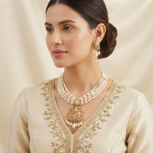 Traditional Multi-Strand Pearl Gold Necklace Set Gallery View
